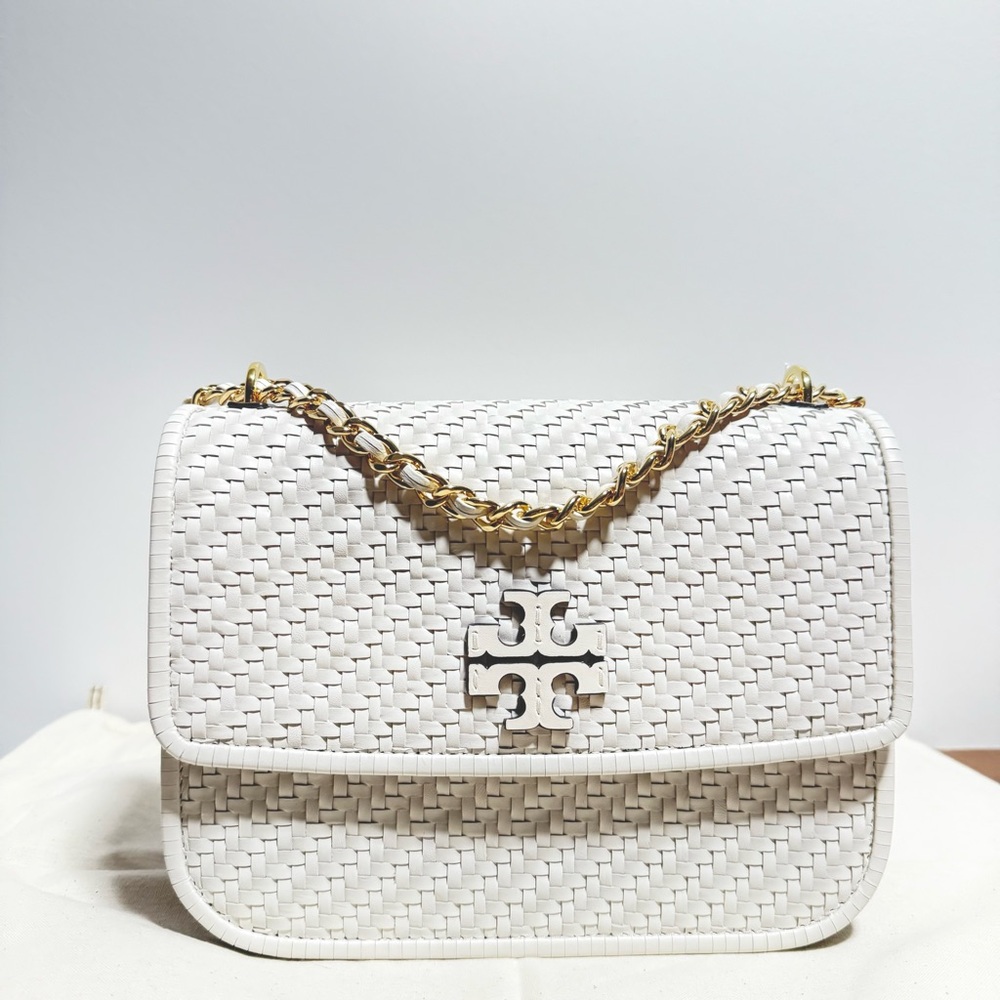 Leather Woven Shoulder Bag with Gold Chain